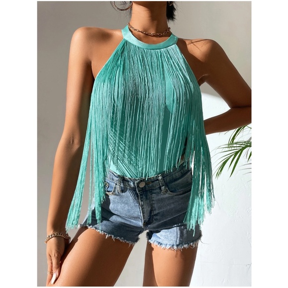 Mint Green Teal Fringe Bodysuit Size L - Picture 5 of 13
